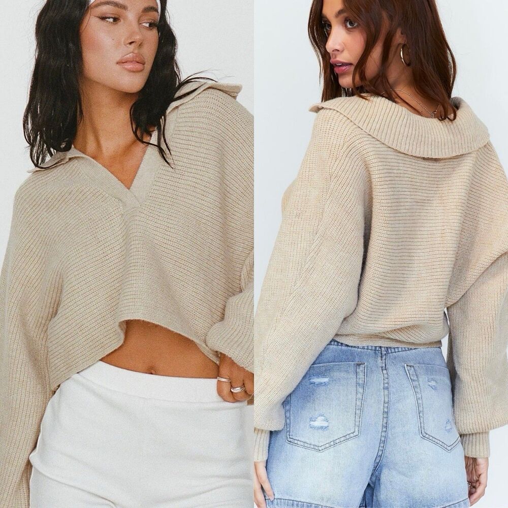 Princess Polly Tiara Cropped Sweater 16 Beige V-Neck Long Sleeve Vanilla Girl